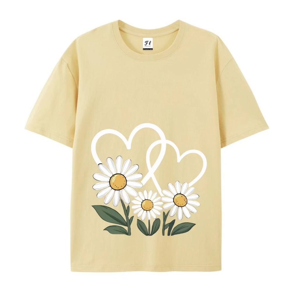 Dames casual ronde hals 100% polyester gebreide stof, korte mouw, T-shirt met hart madeliefjeprint, normale pasvorm, zomertop