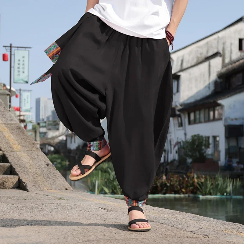 2024 Chinese Style Men's Retro Wide Leg Pants Loose Plus Size Trendy High Street Fashion Cotton and Linen Pants Hombre Leggings