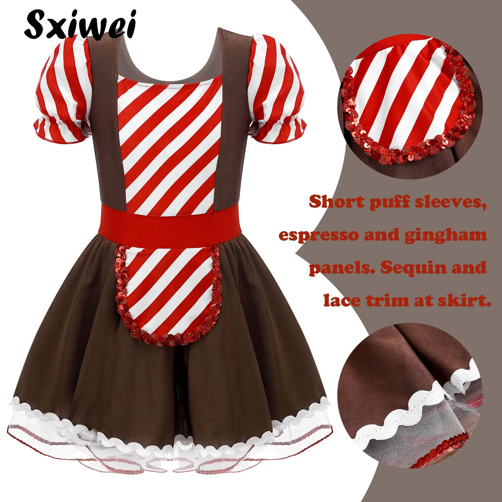 

Teen Girls Candy Cane Gingerbread Man Costume Sequins Christmas Dance Figure Ice Skating Tutu Dress Ballet Leotard Dancewear