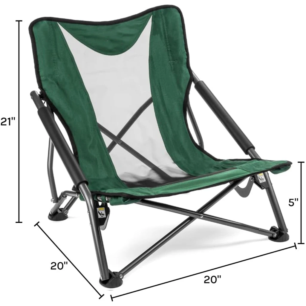 Low Profile Folding Camp Chair, Green, Breathable Mesh Fabric with Cushioned Armrests, Alloy Steel & Aluminum Frame, 250 lbs Capacity, Storage Bag with Shoulder Straps for Camping Beach Picnic Sporting Events