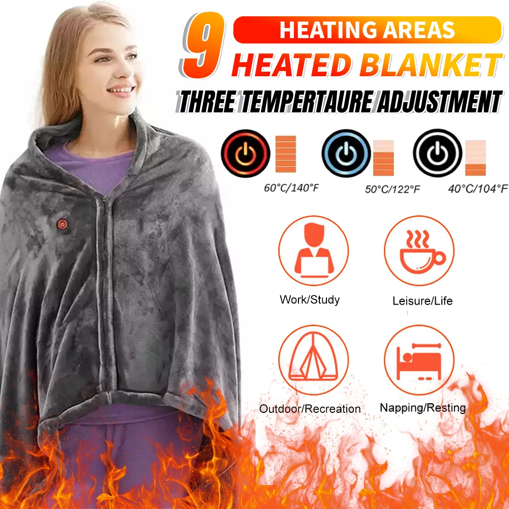 

USB Heated Electric Blanket 3 Heating Level Heated Shawl CoralVelvet 9 Heated Area Portable Body Warmer Blanket Winter HeatedPad