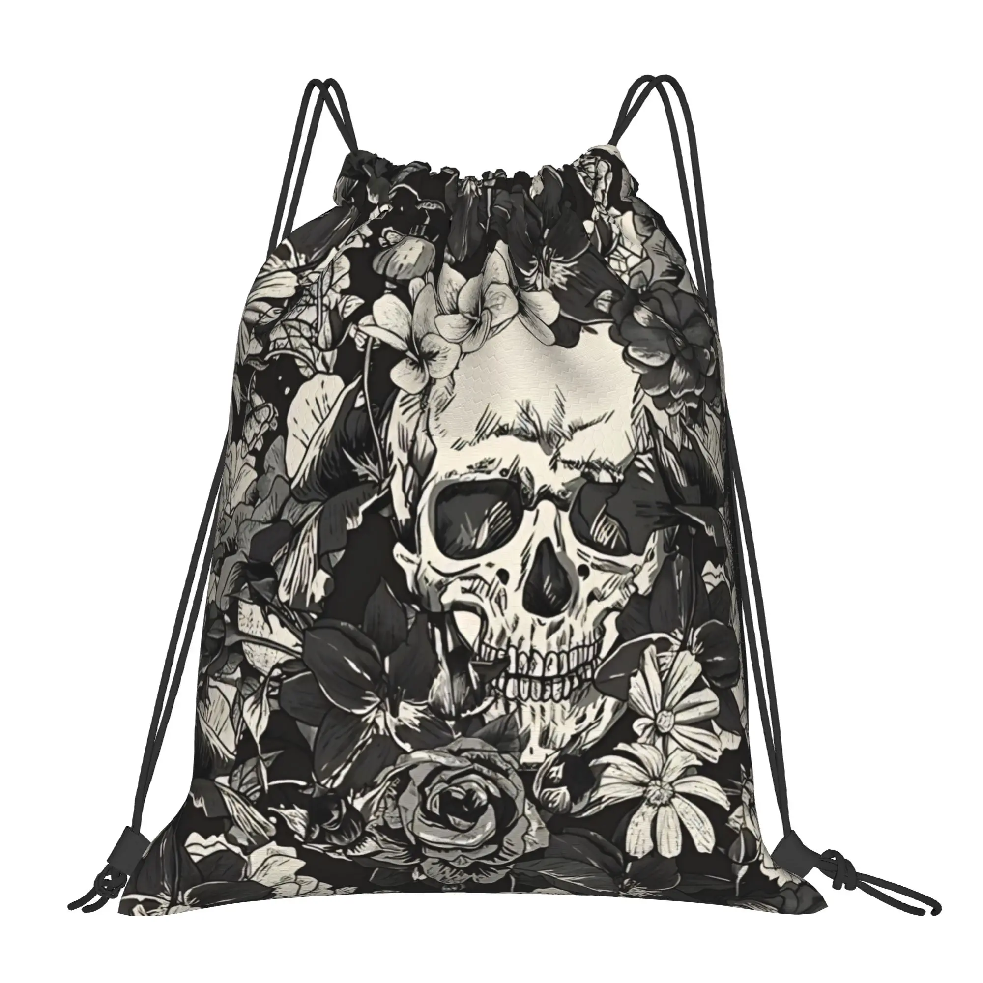 Floral SKULLS Portable Travel Riding Gym Drawstring Storage Sporty Backpacks