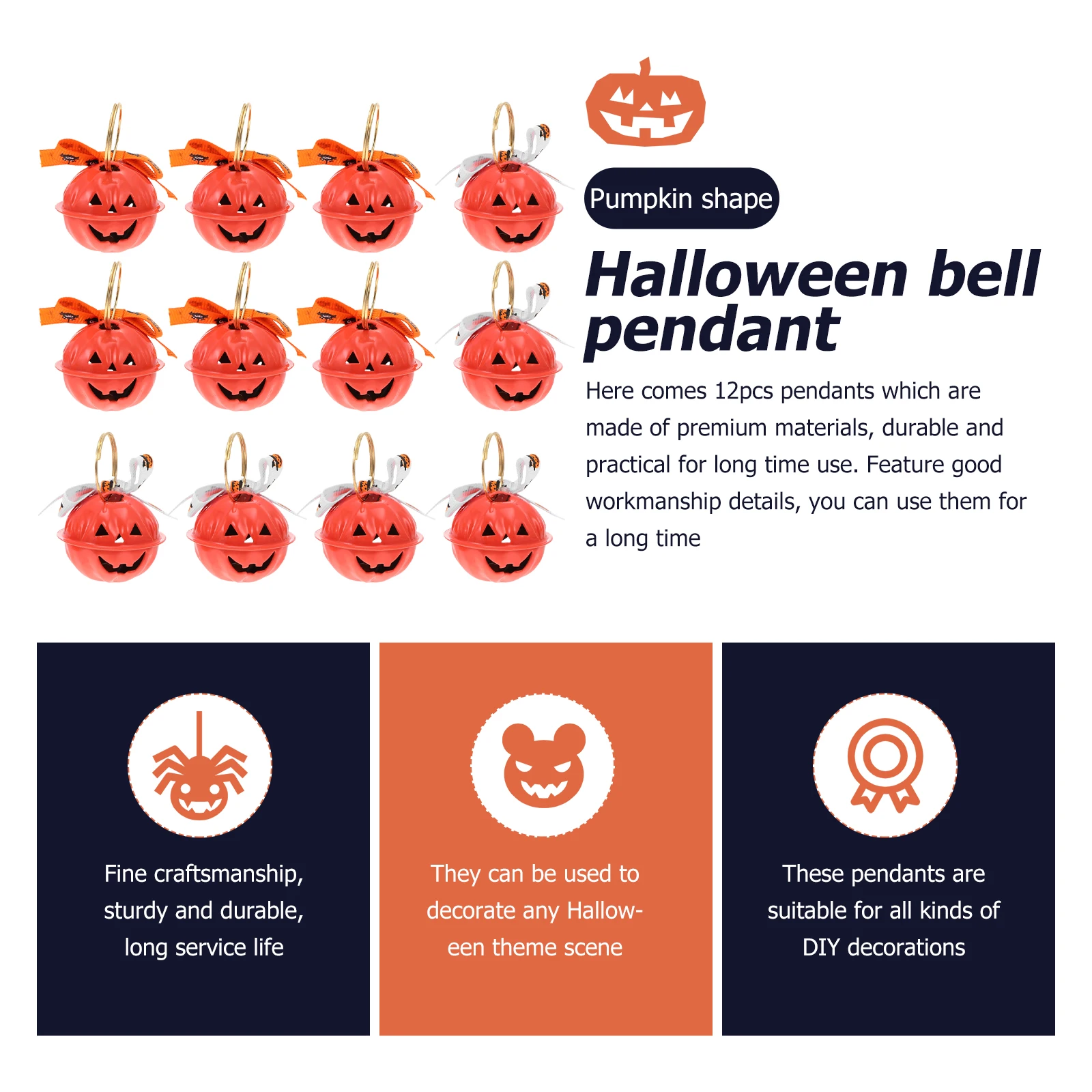 

12Pcs Halloween Pumpkin Pendants Small Bell Adornments Classic 3D Charms Party Decorative Accessories Halloween Theme Pendants