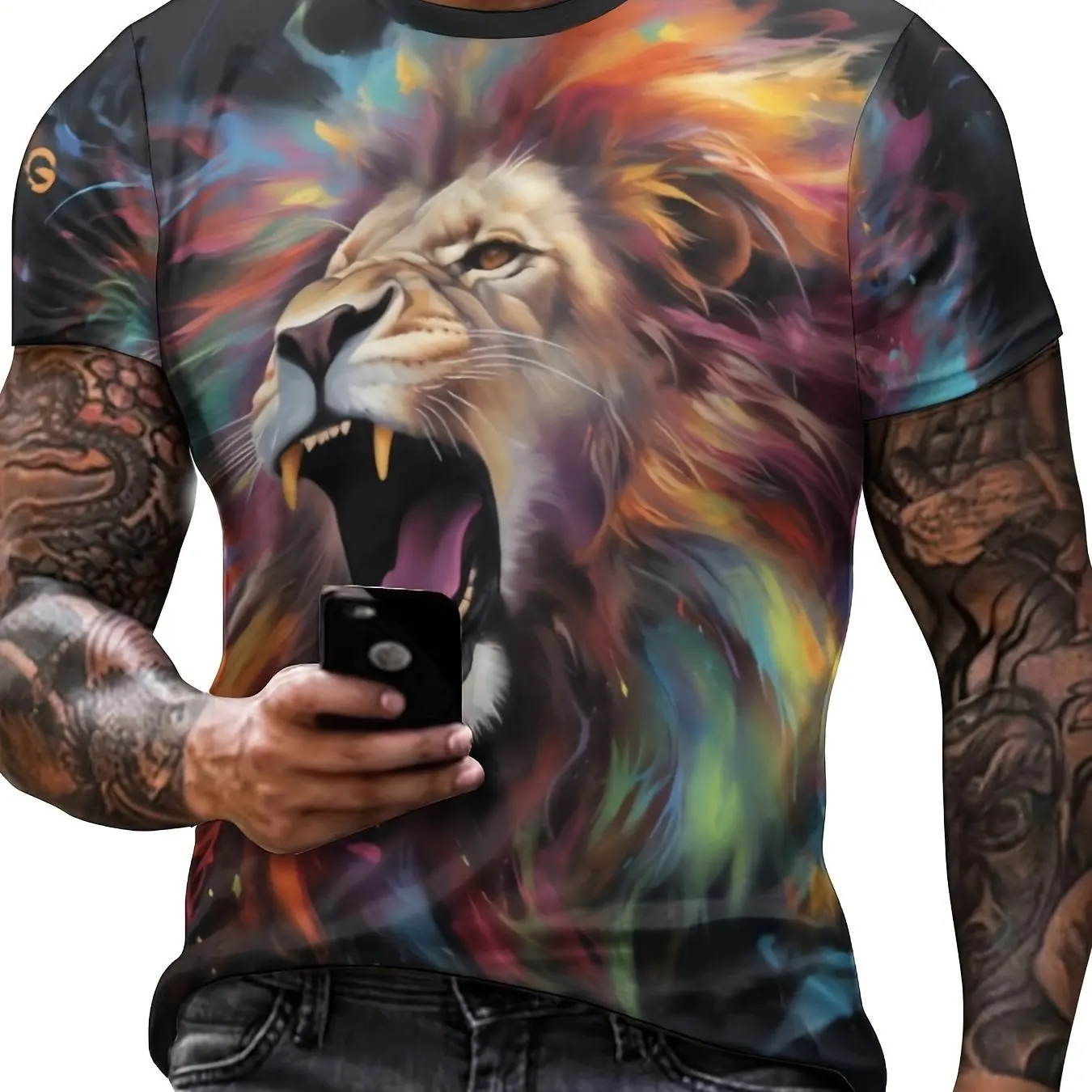 Lion and Crown Cool 3D Graphic Printing Men\'s Novelty Short Sleeve Round Neck T-shirt, Summer Outdoor