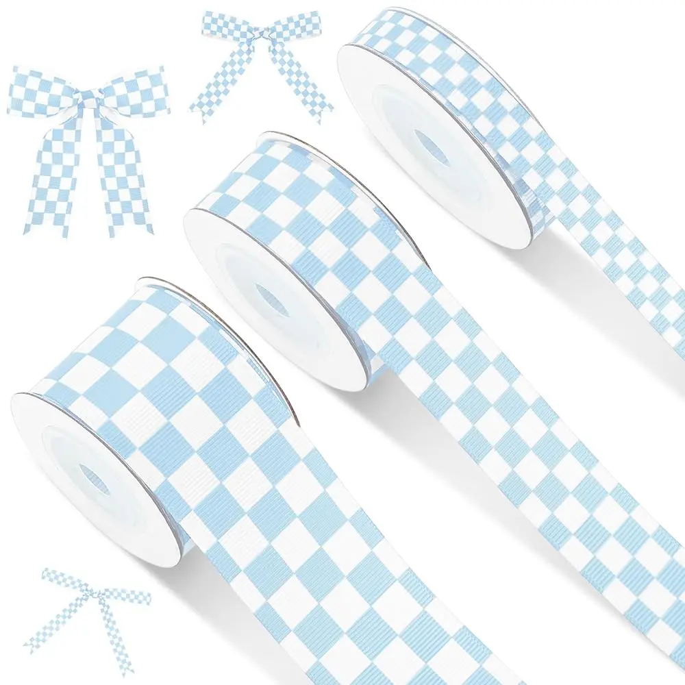 

3 Rolls Christmas Light Blue and White Checkered Ribbon Grosgrain Printed Ribbon Racing Car Theme Printed Checkered Plaid Bu