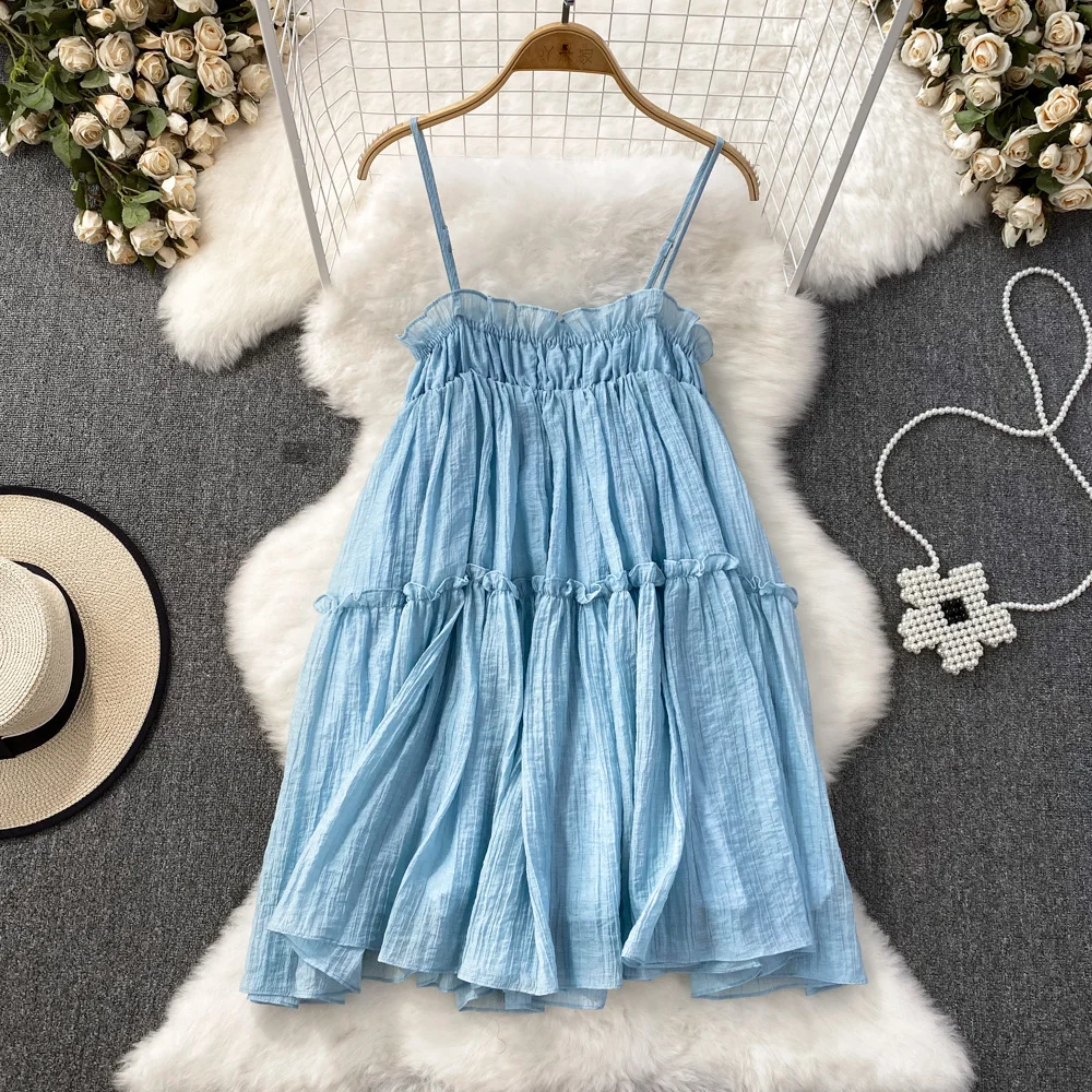 Summer French Vintage Sweet Bra Strap Fluffy Dress Sweet Spicy Loose Sleeveless Solid Aline Dress