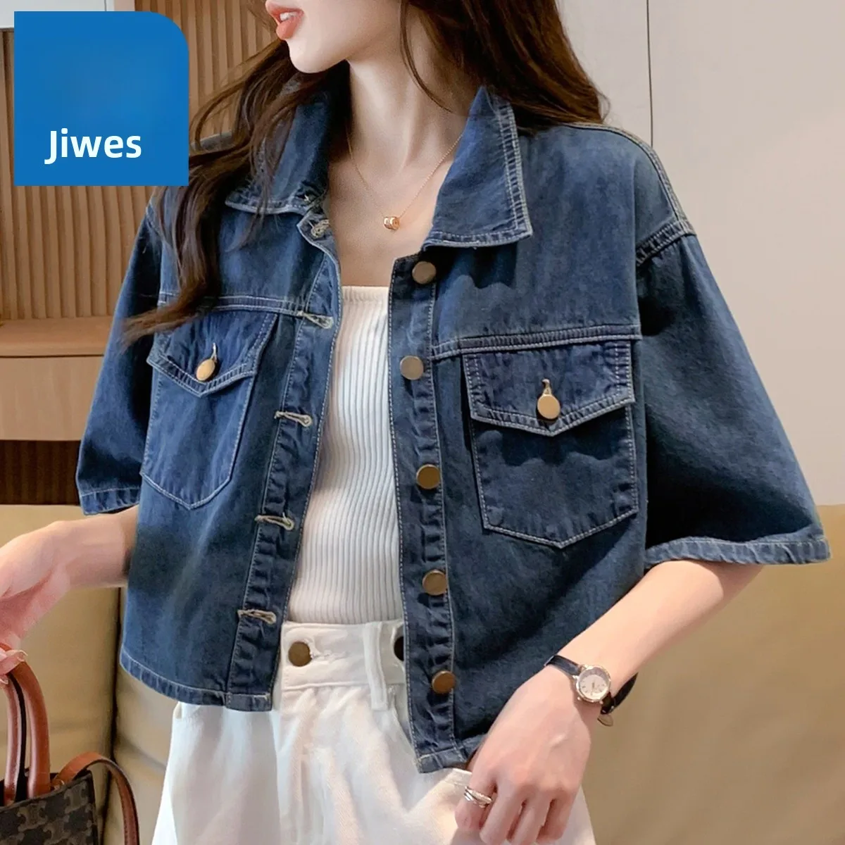 

Jeanswest Retro Denim Jaet Women's ort Thin ort Sve Breathable Top High Waist Summer New Arrival Cotton Blend