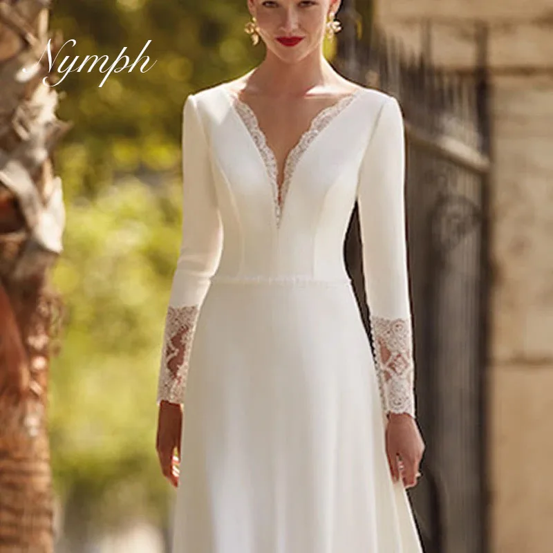 Robe de mariée en satin ligne A pour femme, appliques en dentelle, robe de mariée, col en V, manches longues, dos nu, personnalisé, 2025