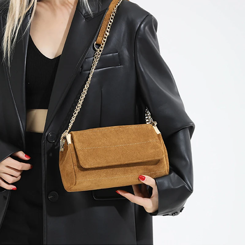 Bags for Women Retro Faux Suede Chains One Shoulder Crossbody Bags Elegant Chic Ladies Red Wedding Handbag Simple Underarm Pouch