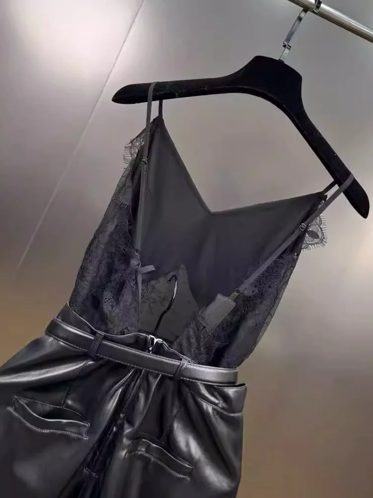 DFDG Damen Frühlingskleid aus schwarzer Spitze, Cami-Leder, Gürtel, hohe Taille, geteilter Saum, elegante Party, Clubwear, 2025, trendiges, feminines Kleid