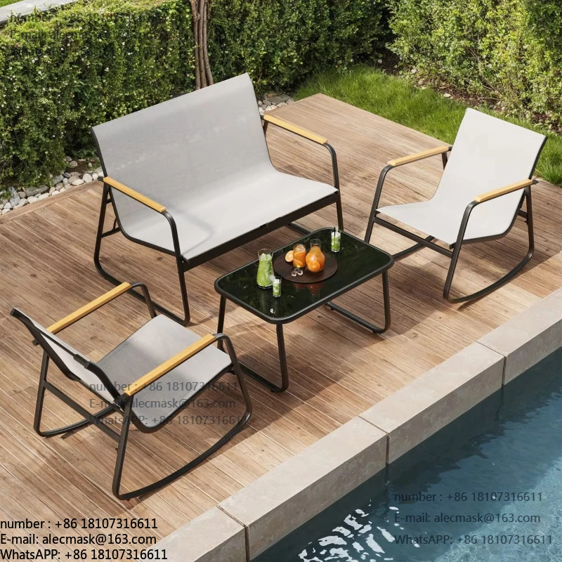 

4-Piece outdoor terrace furniture set metal frame rocking chair comfortable breathable seat garden