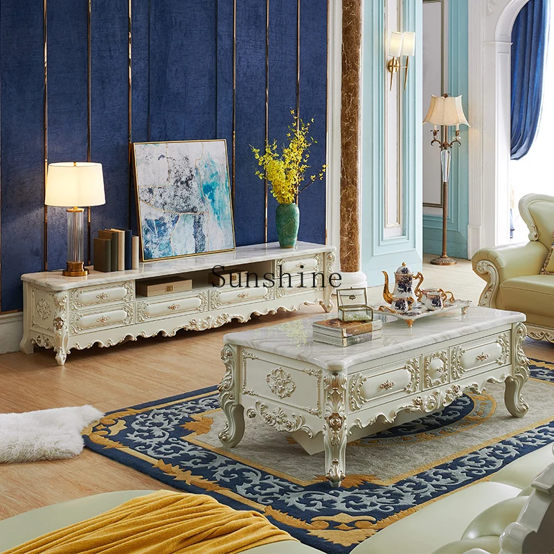 

European TV cabinet coffee table combination small apartment solid wood living room sofa marble modern and simple