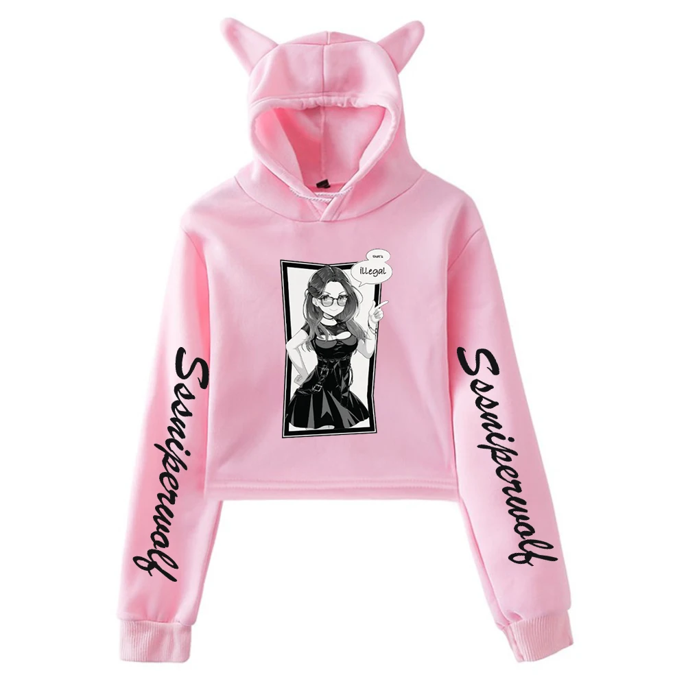 

SSSniperWolf that's illegal Pullover Cat Ears Hoodie Long Sleeve Sweatshirt Female Crop Top Women's Clothes