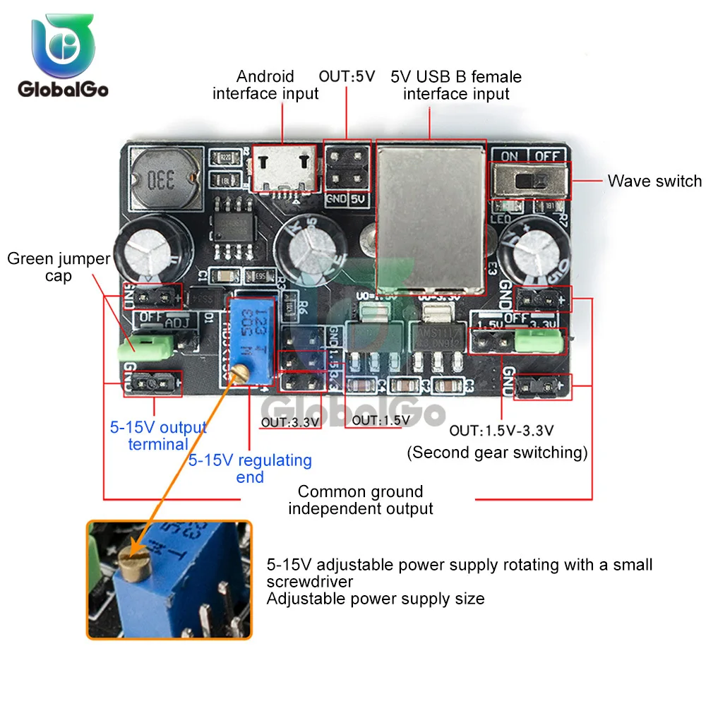 Modulo di alimentazione regolabile a 2 vie 3.3V 5V Modulo di alimentazione regolabile Step-down Modulo per Arduino