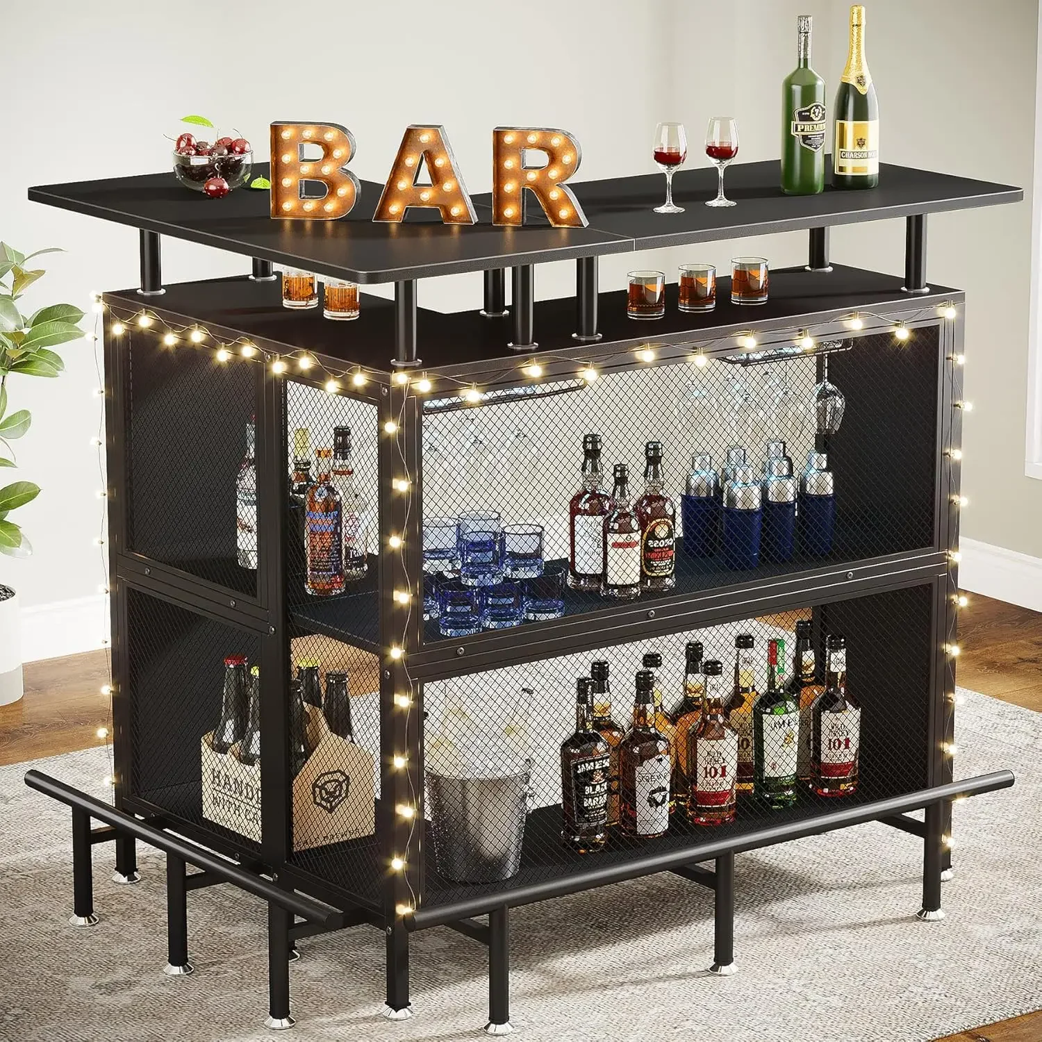 L-Shaped Bar Table with Stemware Racks and 2-Tier Shelves, Corner Mini Coffee Liquor Cabinet with Footrest for Home/Kitchen/Pub,