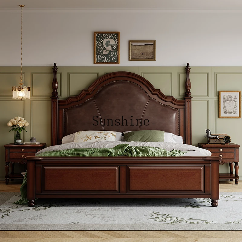 

American retro luxury master bedroom big bed modern simple leather soft bag light luxury solid wood bed