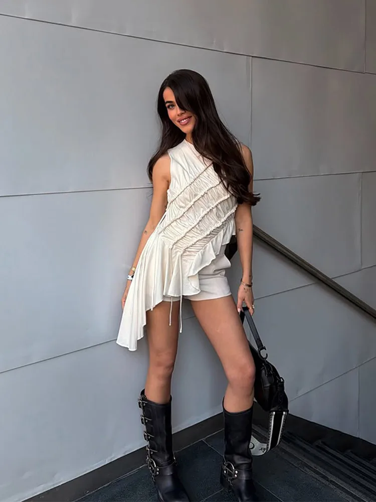 Drawstring Ruched Irregular Ruffle Hem Top O-Neck Sleeveless Solid Chic All-match Vest 2026 Spring Summer Vacation Streetwear
