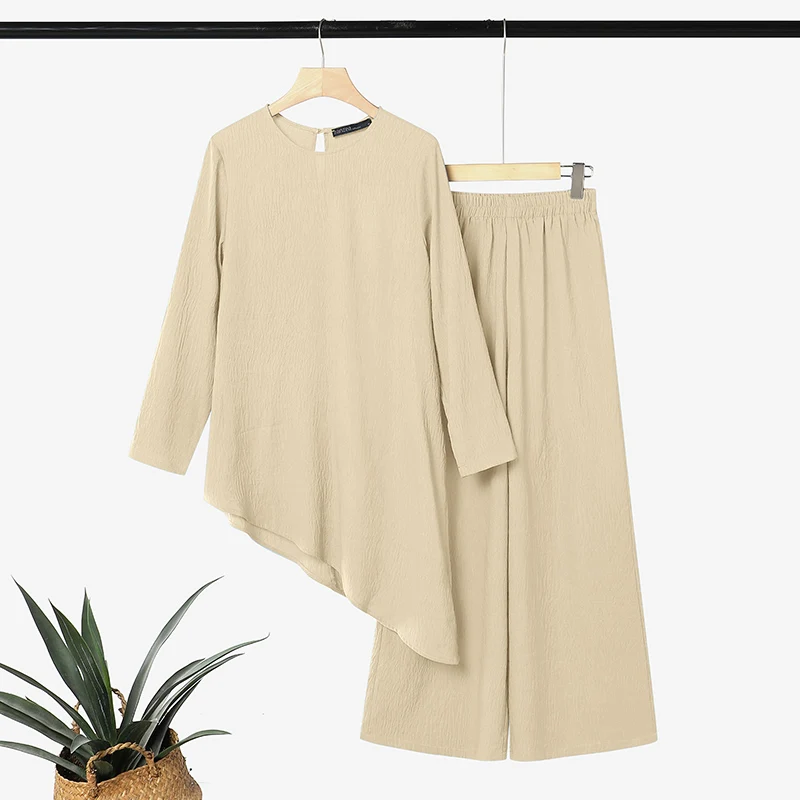 ZANZEA Modest Women Muslim 2 Piece Sets Ramadan Outfit Casual O Neck Long Sleeve Tops Pant Sets Irregular Abaya Kaftan 2026