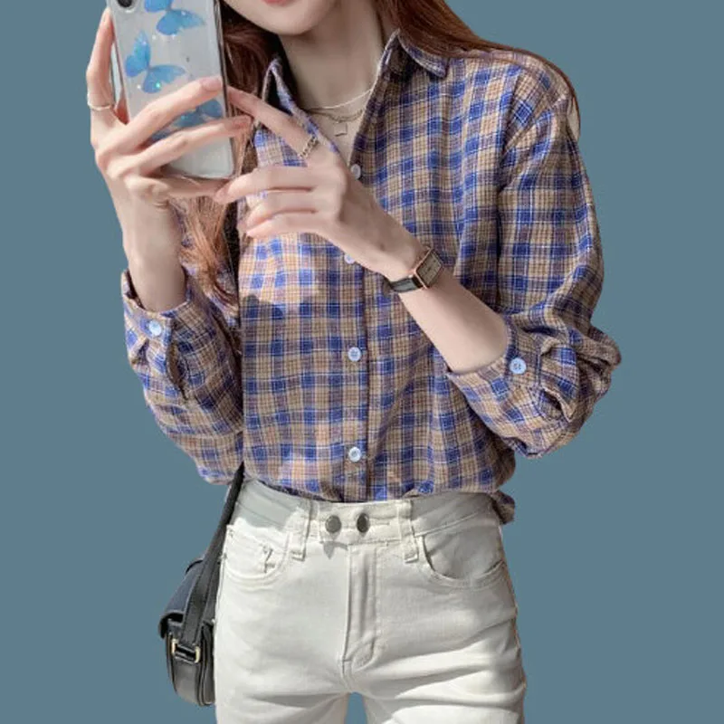 Vintage Alle-spiel Plaid Shirt für Weibliche 2022 Frühling Kleidung der Frauen Koreanische Einfache drehen-unten Collarlong Hülse casual Blusen