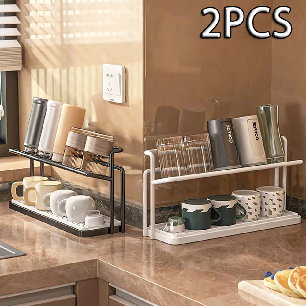 2-stöckiger Flaschen-Wäscheständer aus Edelstahl mit Abtropfschale – platzsparendes Küchenbecher-Aufbewahrungsregal für Tassen, Krüge und Zubehör