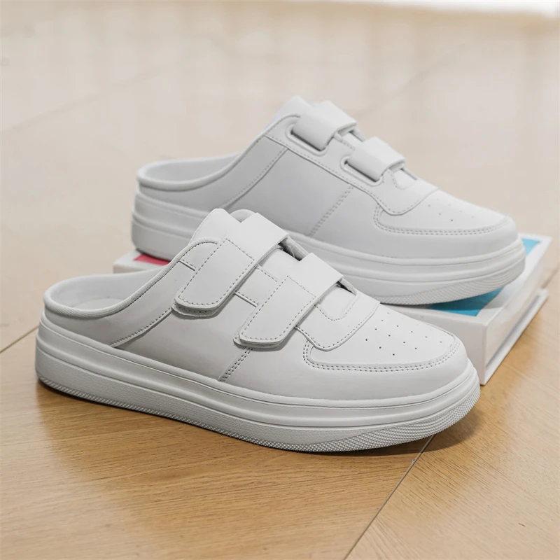Leather Mules Men Closed-toe Sandals Casual Board Shoes Summer Slides Slip-On Flats Backless Loafers Slippers Half Shoes For Men