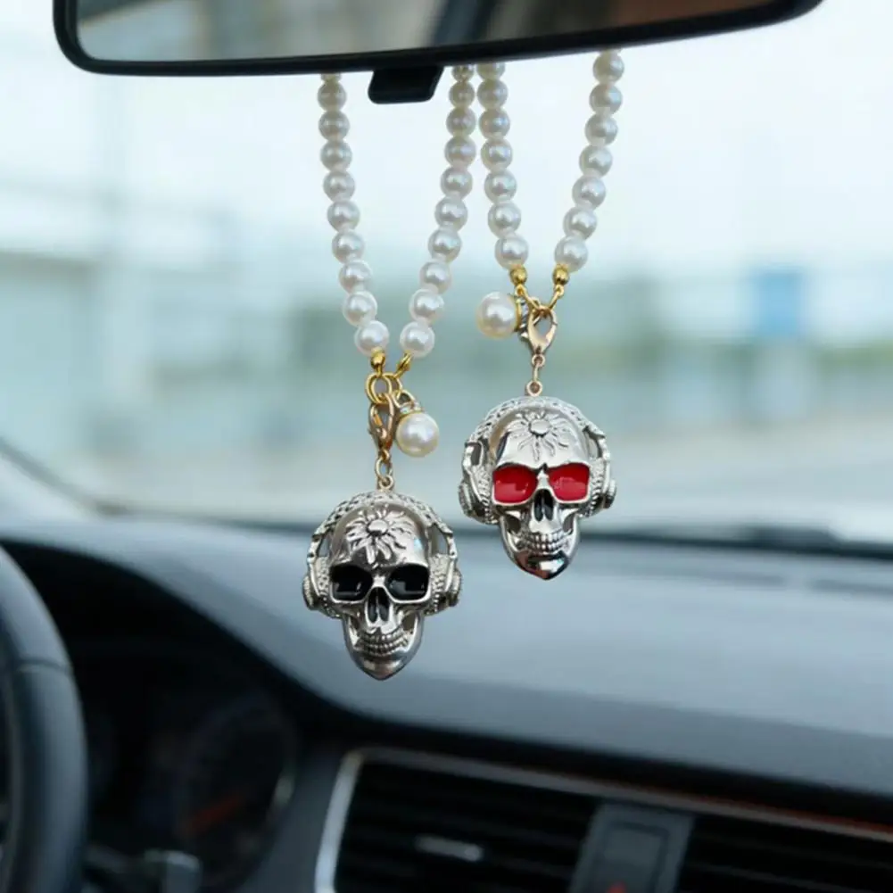Funny Ghost Expression Ornament Skull Car Hanging Ornament Faux Pearl Bead Chain Rear View Mirror Charm Funny Vehicle for Men view 6
