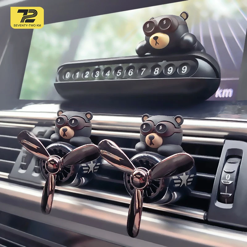 72KM Car Air Freshener Bear Pilot Rotating Propeller Outlet Fragrance + Parking Card Auto Accessories Interior Perfume Diffuse