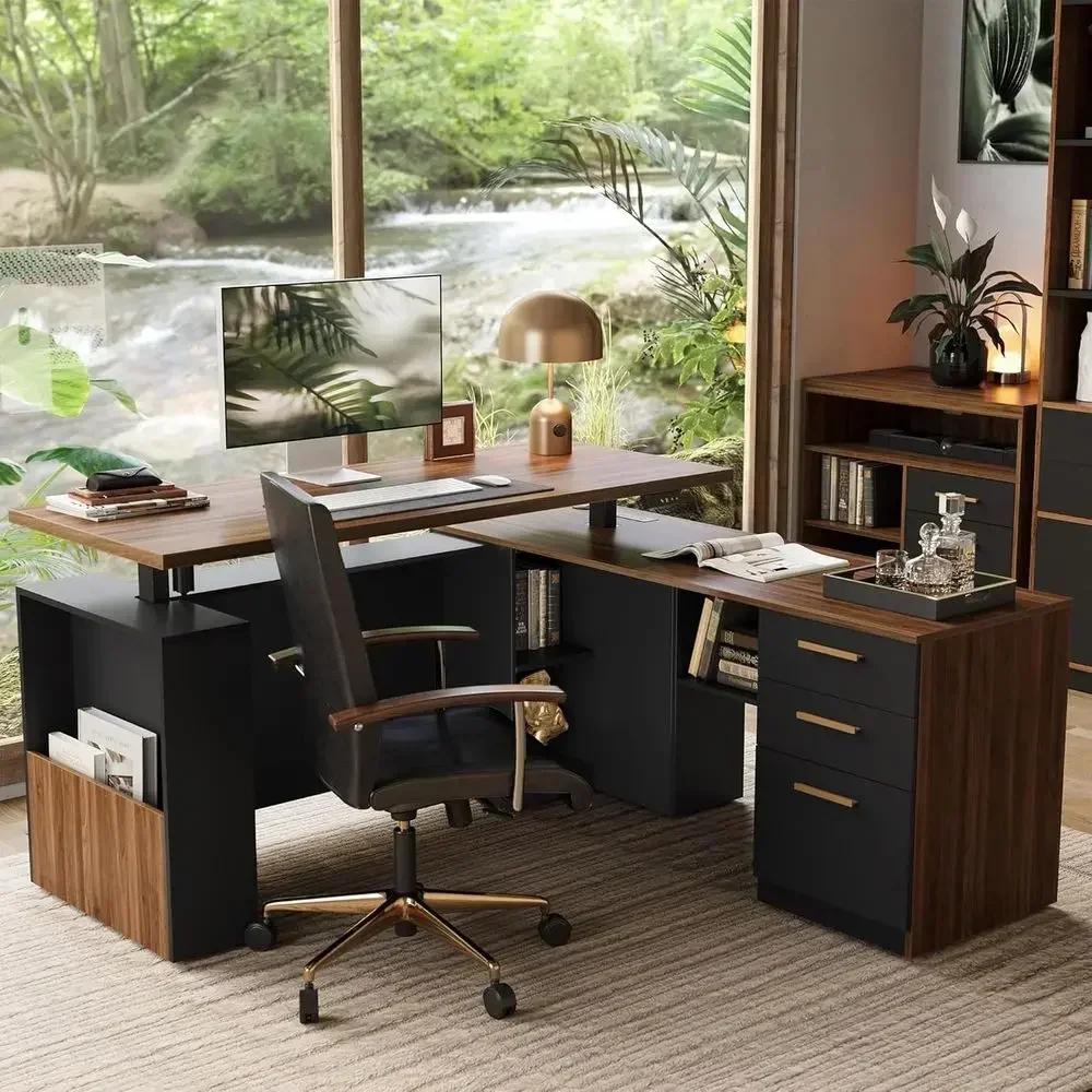 Executive L-Shaped Electric Adjustable Standing Desk with 3 Drawers, Privacy Panel, AC/USB Ports, 1.18 Thick Walnut Top