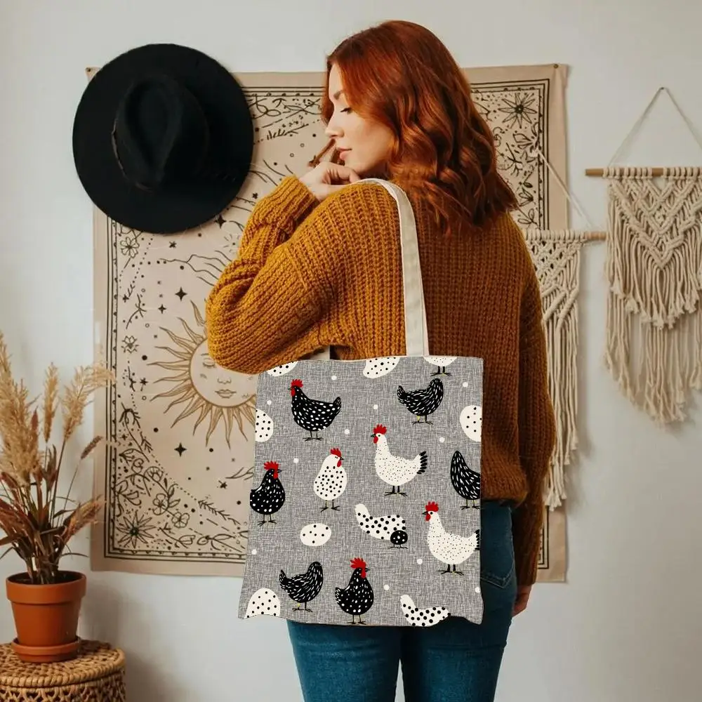 Chicken Pattern Storage Bags Double-Sided Printed Canvas Tote Bag Eco-Friendly Reusable Large Capacity Handbag