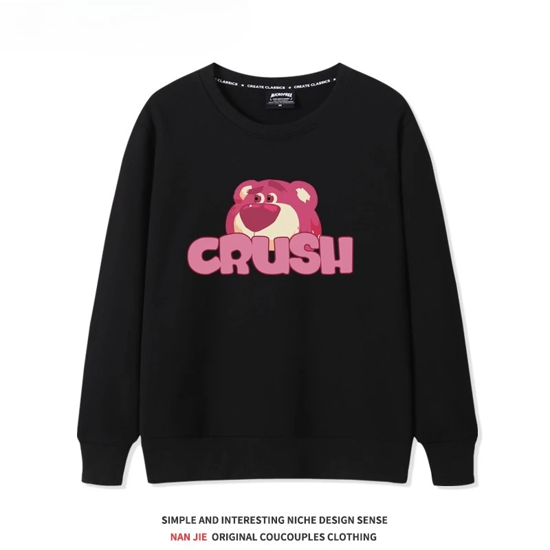 Otoño e Invierno de alta calidad con estampado de oso de fresa suéter de cuello redondo lindo para mujer 2025 nueva pareja suelta deportes Top ropa escolar