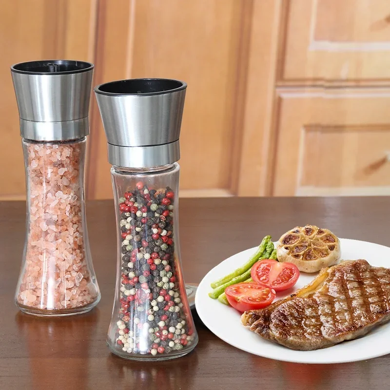 Leeseph 18/8 Brushed Stainless Steel Pepper Mill and Salt Mill, 6 Oz Glass Tall Body, 5 Grade Adjustable Ceramic Rotor