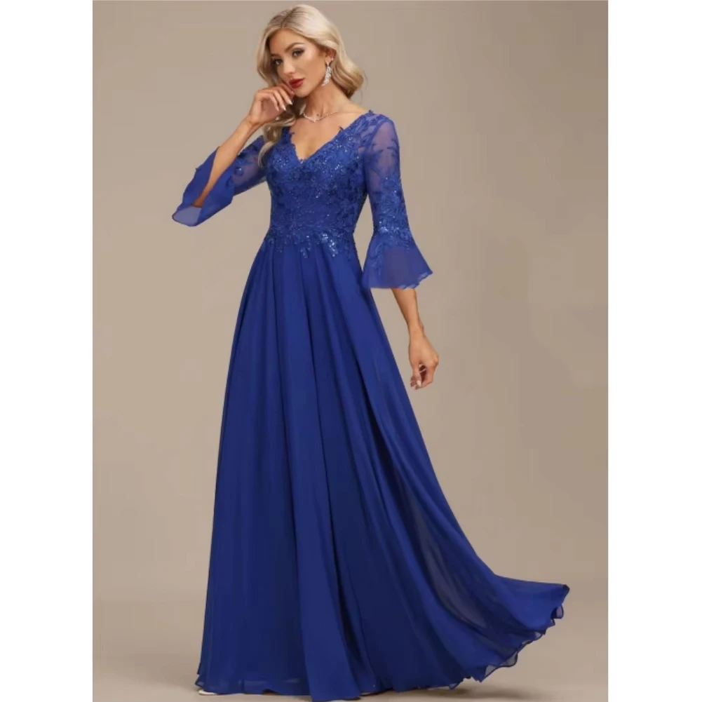 Women's V Neck 3/4 Sleeve Mother of The Bride Dresses Lace Chiffon A-Line Formal Evening Gowns Floor Length