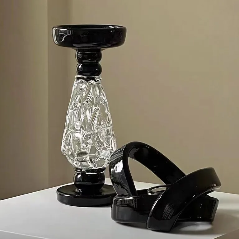 Retro Baroque Black Glass Candlestick Heavy Duty Candle Holder Light Luxury Mid Century Home Decor for Living Room  French Style