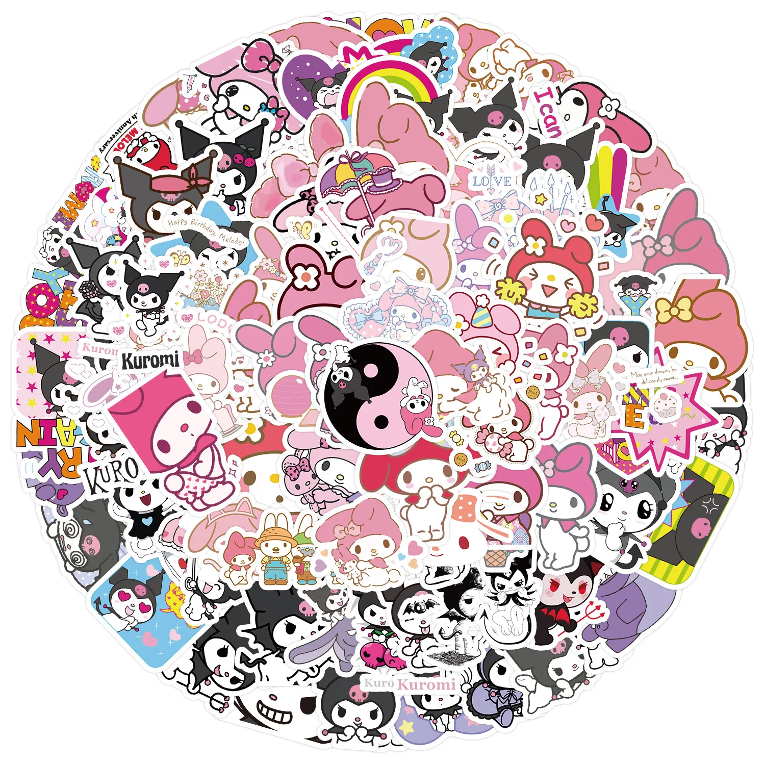 Kawaii Sanrio Adesivo dos desenhos animados para crianças, decalque impermeável, decoração de graffiti, laptop, skate, brinquedo bonito, Kuromi, melodia, 10 pcs, 30 pcs, 50 pcs, 100pcs