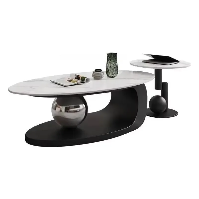 Luxury Oval Marble Coffee Table Set with Gold Metal Base, Modern Combination Side Table for Living Room Home Furniture