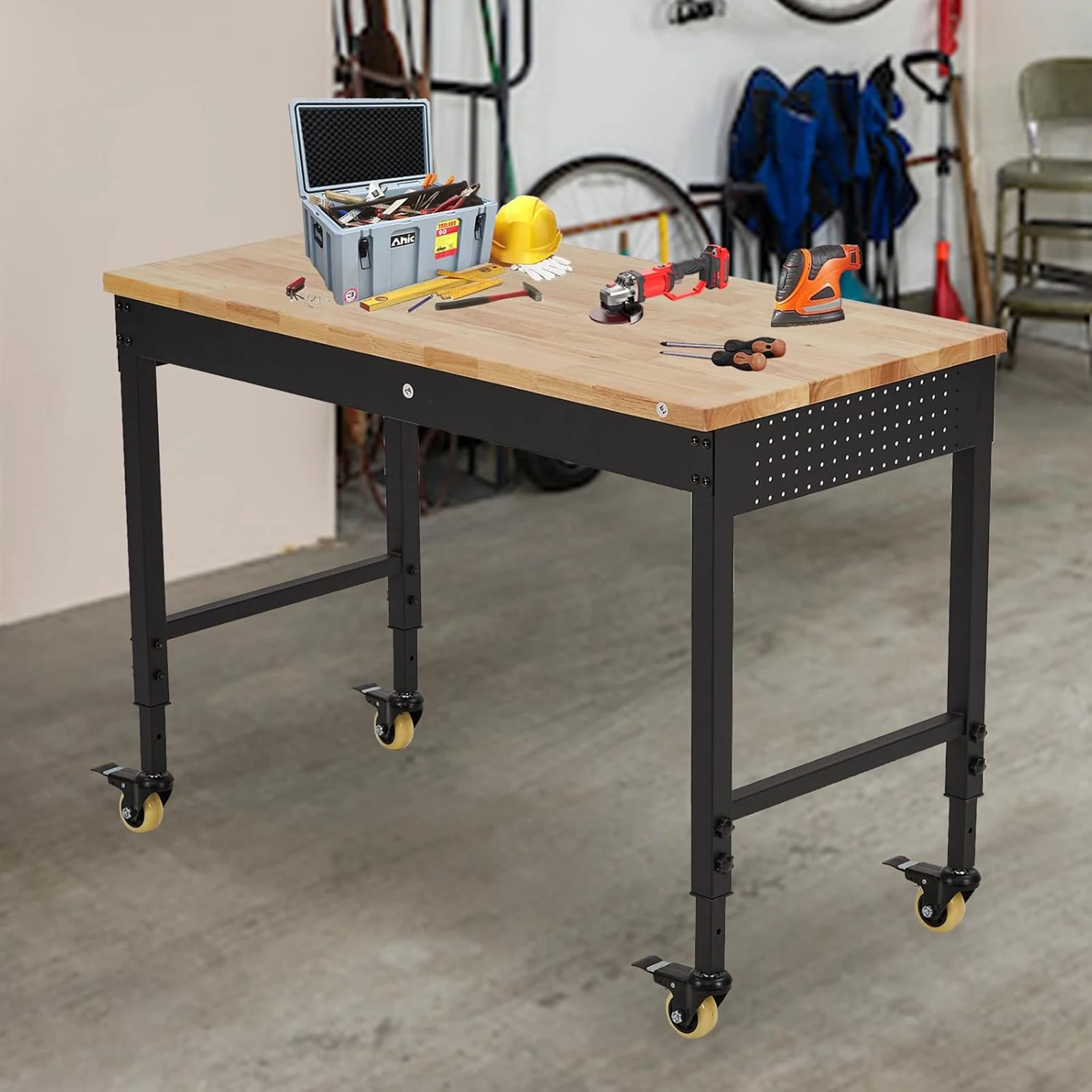 

72" x 25" Adjustable Workbench 2000 Lbs Capacity, Rubber Wood Table Heavy Duty Workstation With Hardwood Top, Power Outlets