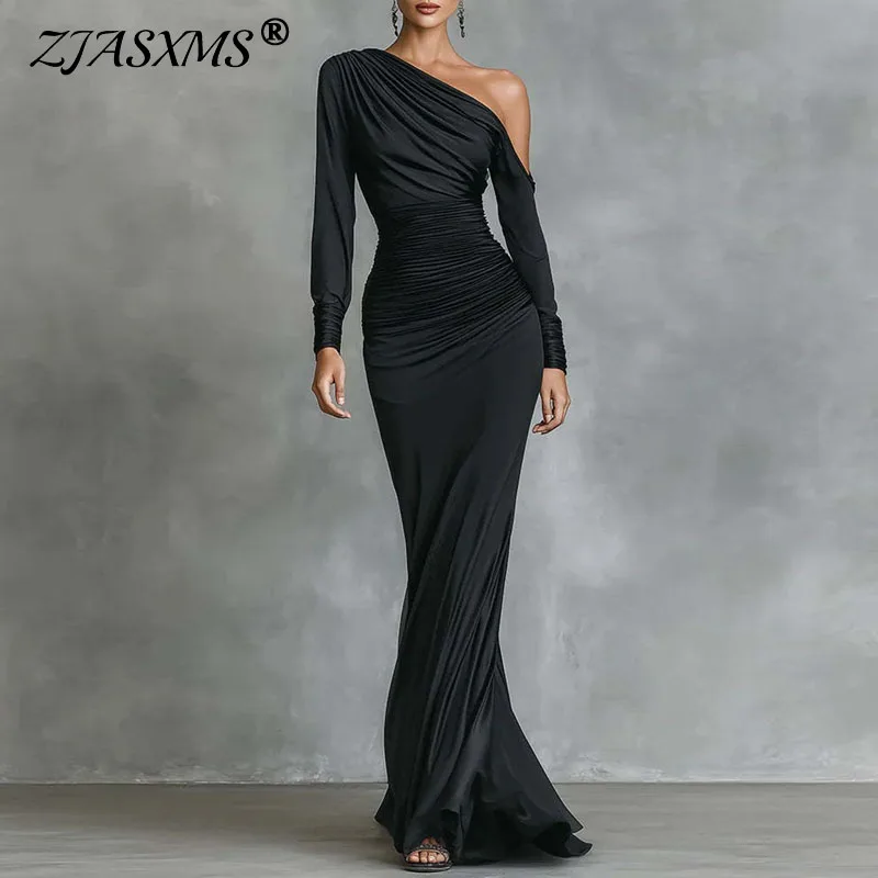 Robe de soirée plissée, Sexy, col incliné, couleur unie, élégante, taille haute, asymétrique, épaule dénudée, manches longues, Slim, Maxi, automne