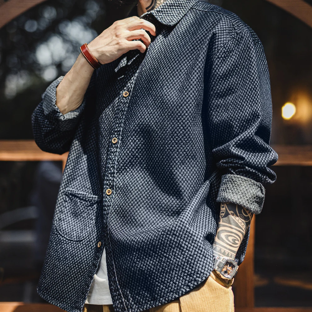 Maden Retro Checkered Long-sleeved Denim Shirt Loose Lapel Single-breasted Jacket for Men Spring and Fall Versatile Outerwear