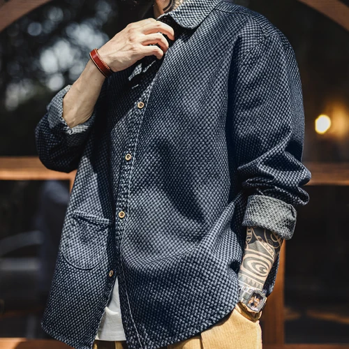 Imagen 2 del producto Maden Camisa vaquera de manga larga a cuadros retro Chaqueta de un solo pecho con solapa holgada para hombres Ropa de abrigo versátil para primavera y otoño