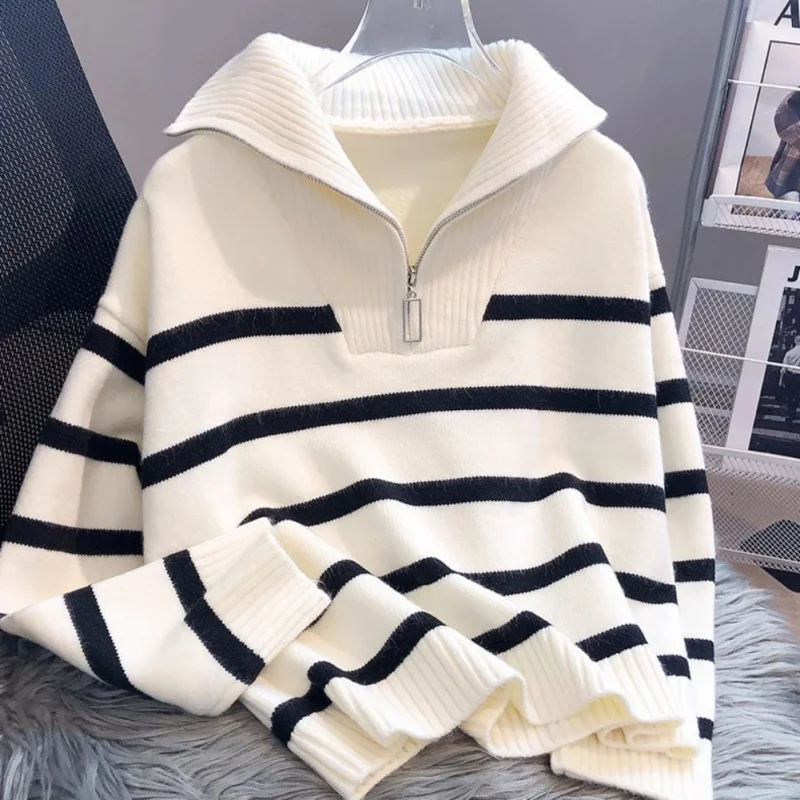 Women\'s Sweater Fall Winter Thickened Inner Zipper Striped Bottoming Shirt Short Section Hedging Head Outerwear Top