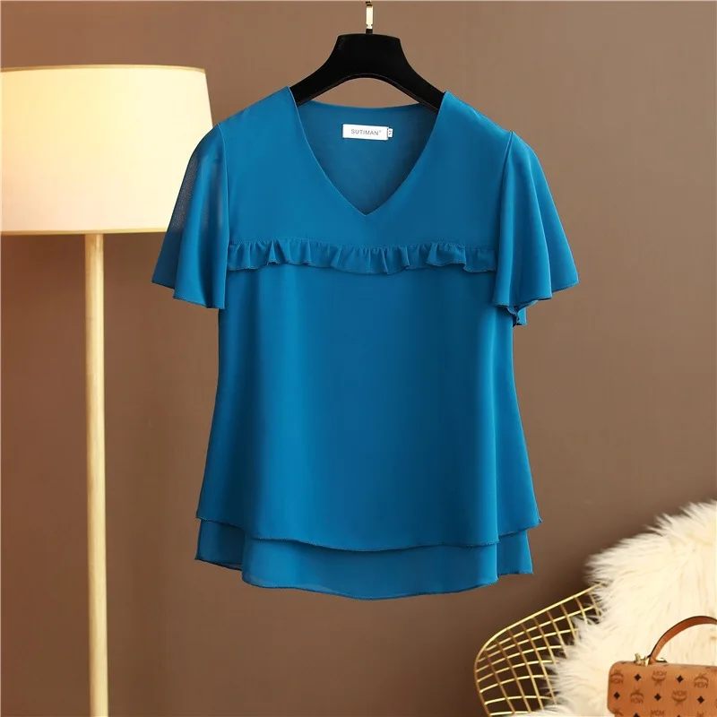 New Arrival Fashion Brand 2024 Summer New Women\'s Chiffon Shirt V-neck Short-sleeved Top Large Size Loose and Thin Women\'s Shirt