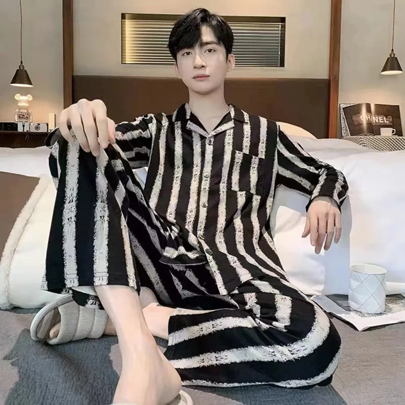 가을 잠옷 남성 긴 소매 단순 플러스 사이즈 격자 무늬 카디건 바지 편안한 통기성 줄무늬 프리미엄 잠옷