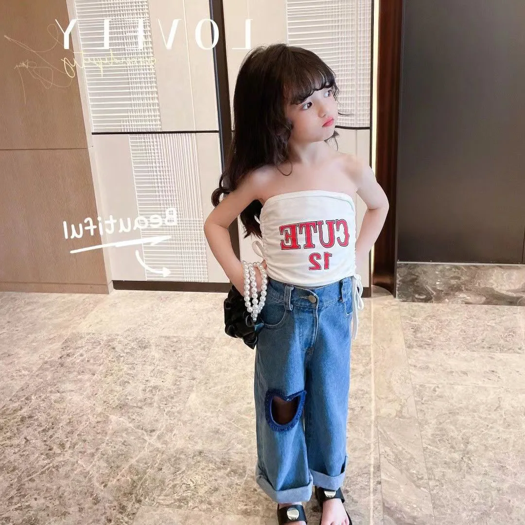 baby girls summer bandeau off the shoulder crop tops children Korean dance letters strapless white shirt toddler 2 to 10 yrs