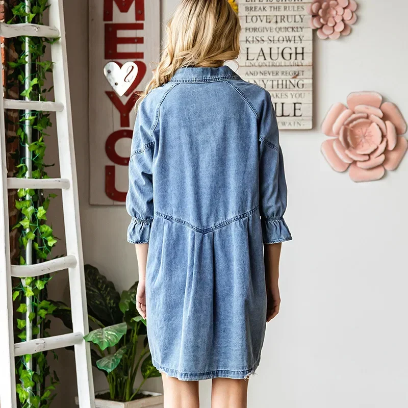 Damska sukienka jeansowa z kołnierzykiem z jednym kołnierzem Sukienki jeansowe z półrękawkiem A Line Vestidos Loose Fit Summer Bohemian