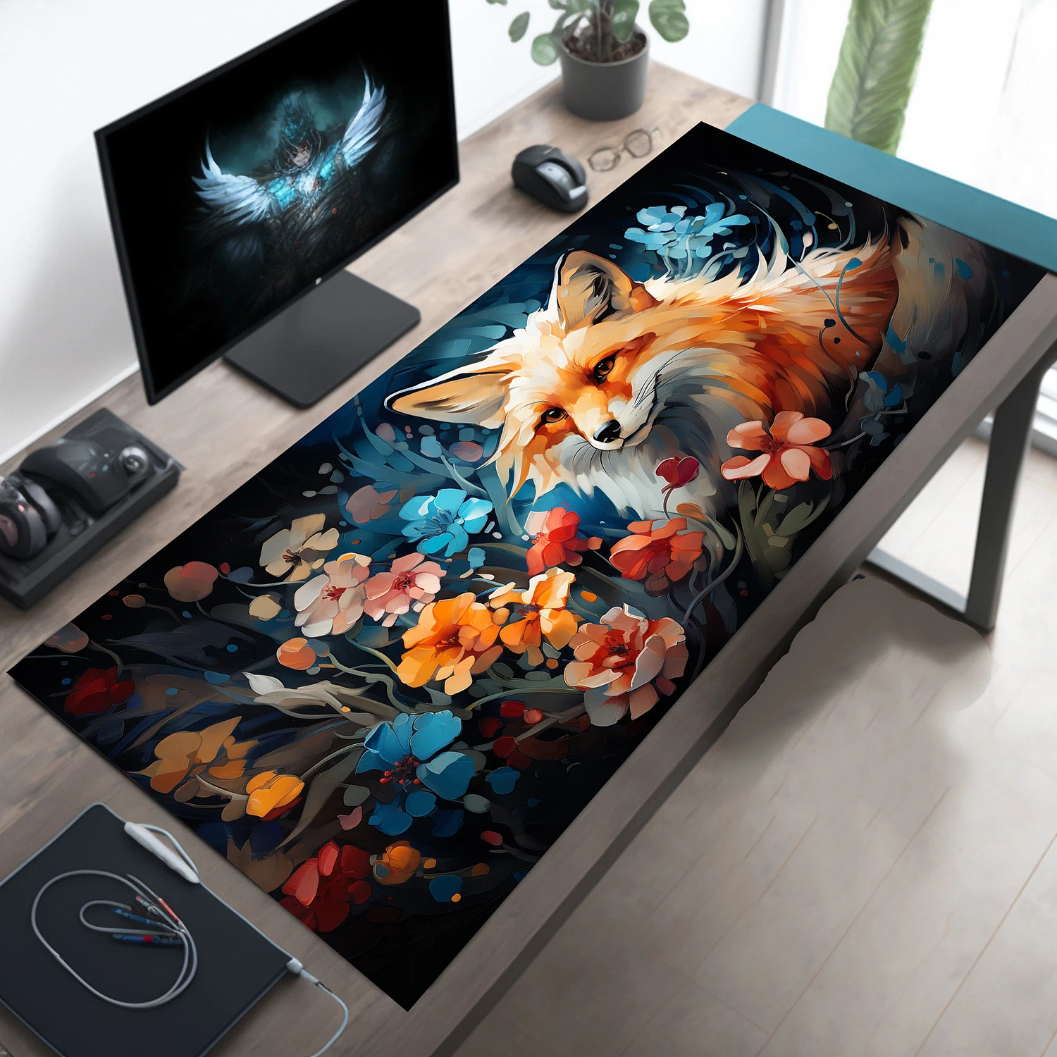 Cute Large Desk Mat with Japanese Red Fox Design, Extended Botanical Aesthetic Mousepad, Large desk Pad, Fox Mouse Pad