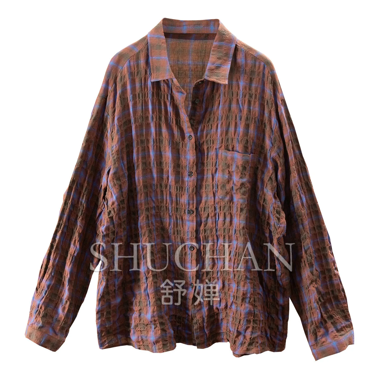 French shirt soft Bubble Texture Yarn-dyed Checked Tencel Cotton Long-sleeved Shirt Jacket Women 83W0