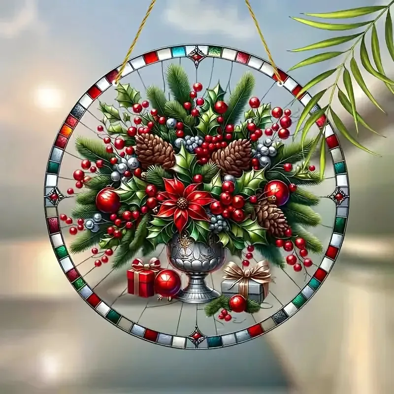 Acrylmalerei Weihnachtlicher Blumenstrauß mit Weihnachtsstern & Tannenzapfen im Buntglas-Stil Fensterdekoration Sonnenfänger, 2D Flach Ac