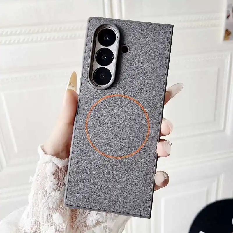

Fashion Simple Solid Color Magnetic Charging Leather Case For Samsung Galaxy Z Fold 7 6 5 4 3 Ultra Slim Anti-Drop Protect Cover