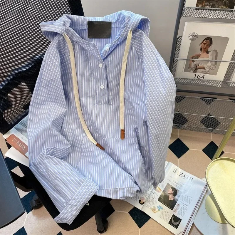 

Retro Hooded Shirt Casual Tops Long Sleeved Blouse Women Striped Shirts Coat ZT256