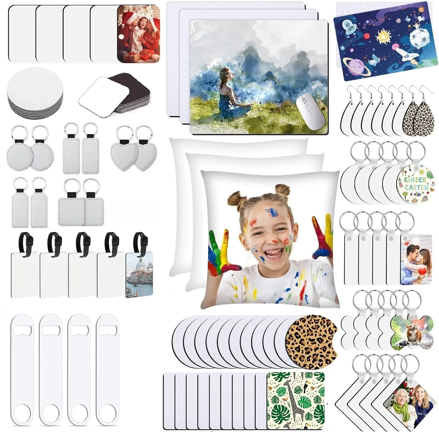 

90pcs Sublimation Blank Starter Kit Luggage Tags Keychain Magnets Coaster Pillow Cover For Personalized Printing DIY Crafts